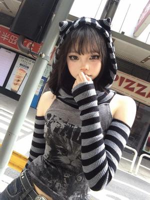 Gothic Striped Patchwork Hoodie Tops Frauen Japanischen Stil Vintage Punk Katze Print Pullover Y2k Aushöhlen Schlank Pullover Weiche Gril 2000s