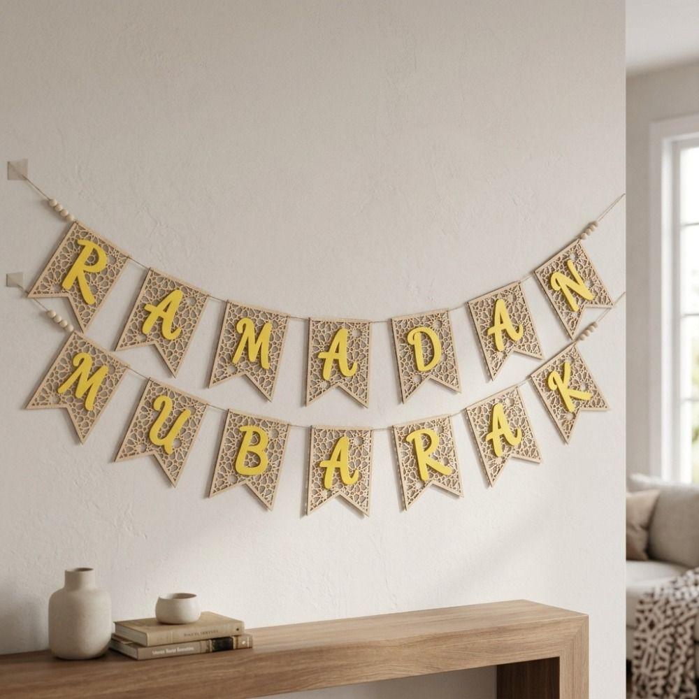 Decorative Ramadan Banner Wooden Eid Hanging Ornaments Crafts Festival Pull Flag  Living Room