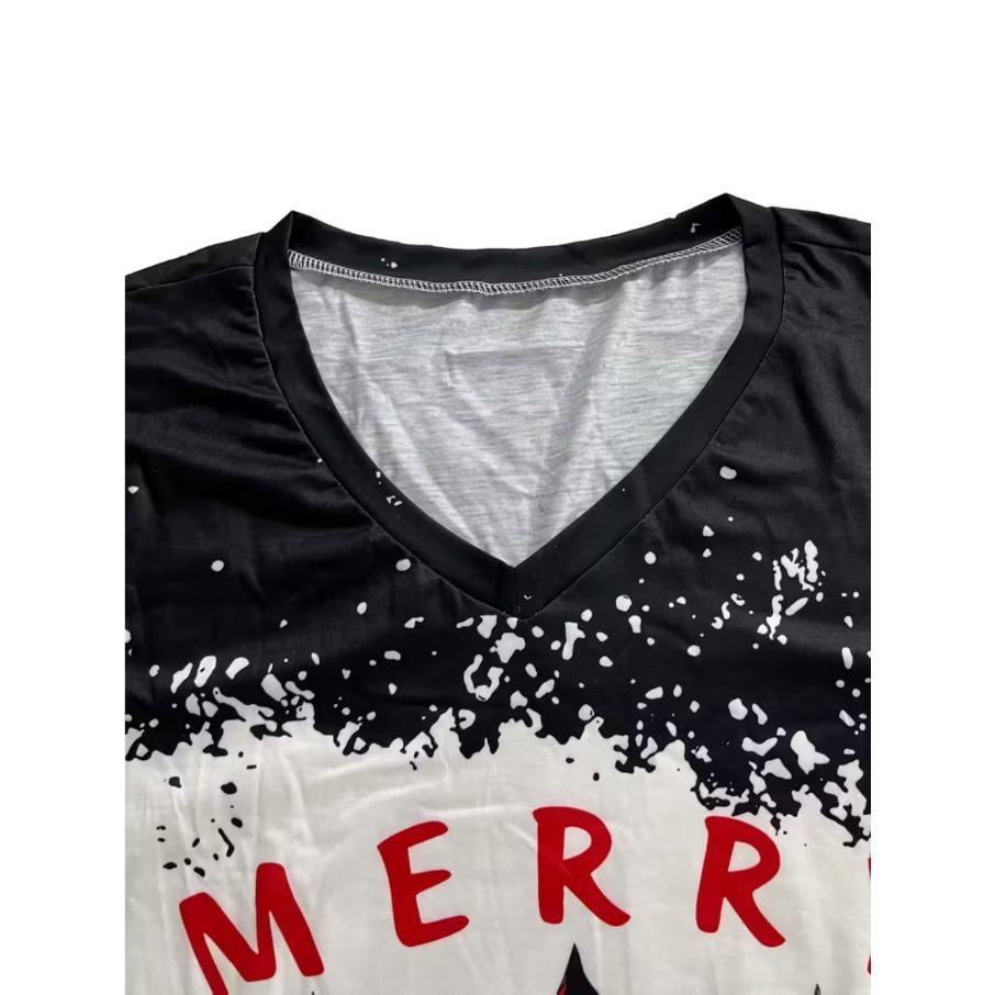 XL-7XL Plus Size Women's Men Christmas Casual 3D Print Loose V Neck Short Sleeved T-shirt Top