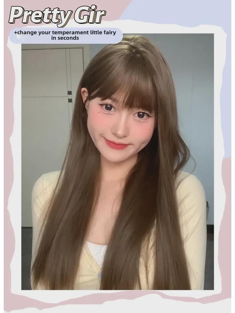 Natural Long Black Straight Wig with Air Bangs