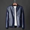 Men Fall Winter Coat Smooth Faux Leather Windproof Stand Collar Long Sleeve