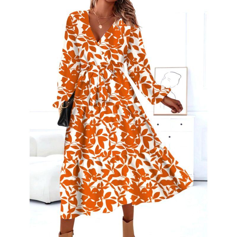 Bohemia European American Summer New Fashion V Neck Leaves Print Horn Long Sleeves Mid Length Long Length Dress Dress