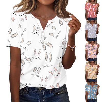 Women's T Shirt Print Button Short Sleeve Daily Weekend Fashion Basic V- Neck Regular Top