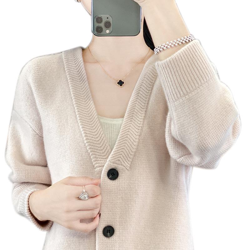 Casual V-neck Thick Wool Sweater Coat - New Autumn/Winter Long-Sleeve Cardigan for Women