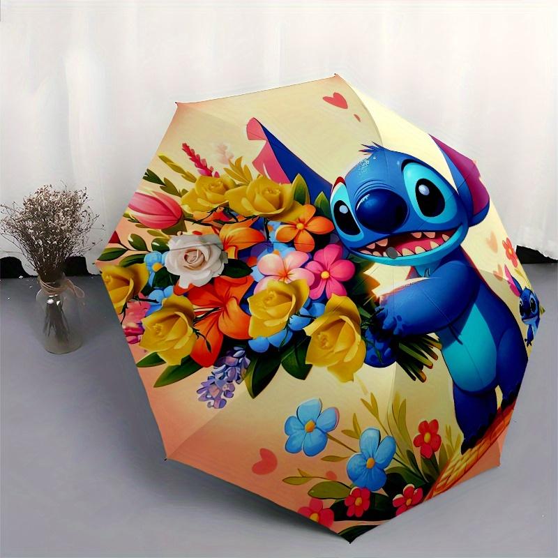 Stitch,Flowers Themed Folding Umbrella, the Best Choice for Gift Giving, 8 Ribs, Casual, Durable, Lightweight and Portable Travel Umbrella,