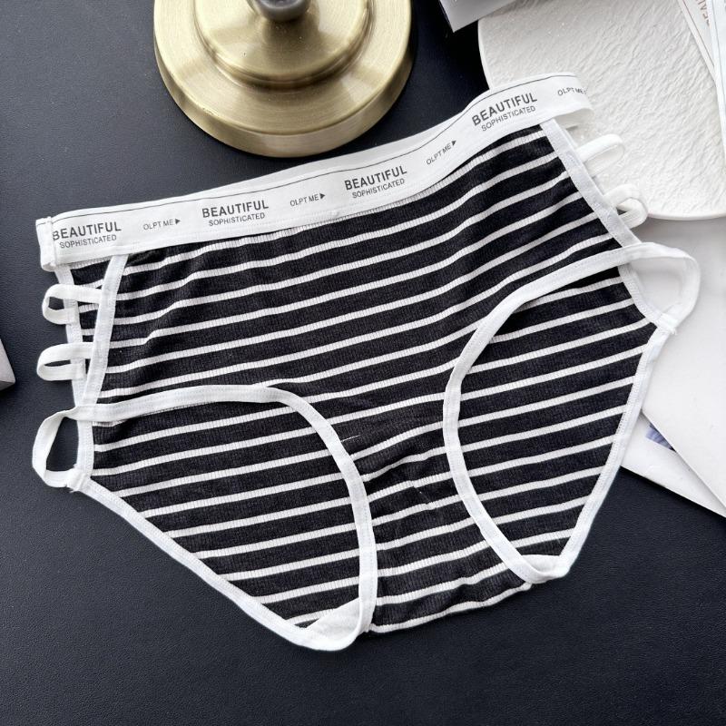 Women's Spring and Summer Sports Style Personality Stripe Pit Side Open Ice Silk Mid Waist Underwear