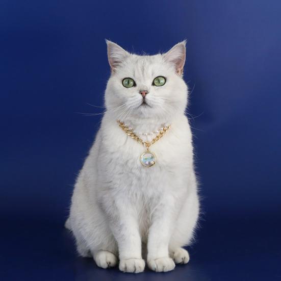 Faux Pearl Pet Necklace for Cats Dogs Adjustable Double-Layer Cat Collar with Ocean Theme Pendant for Wedding Birthday Accessory