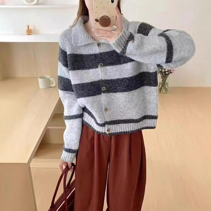 Retro Knitted Sweater Autumn/Winter Korean Knitted Collar Cardigan Striped Loose for Women