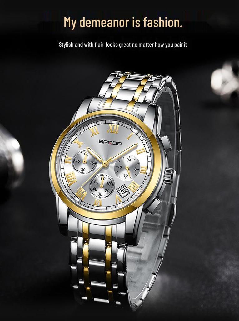 Sanda Men's Waterproof Luminous Quartz Watch - Fashionable Three-Eye Six-Hand Design with Steel Band.