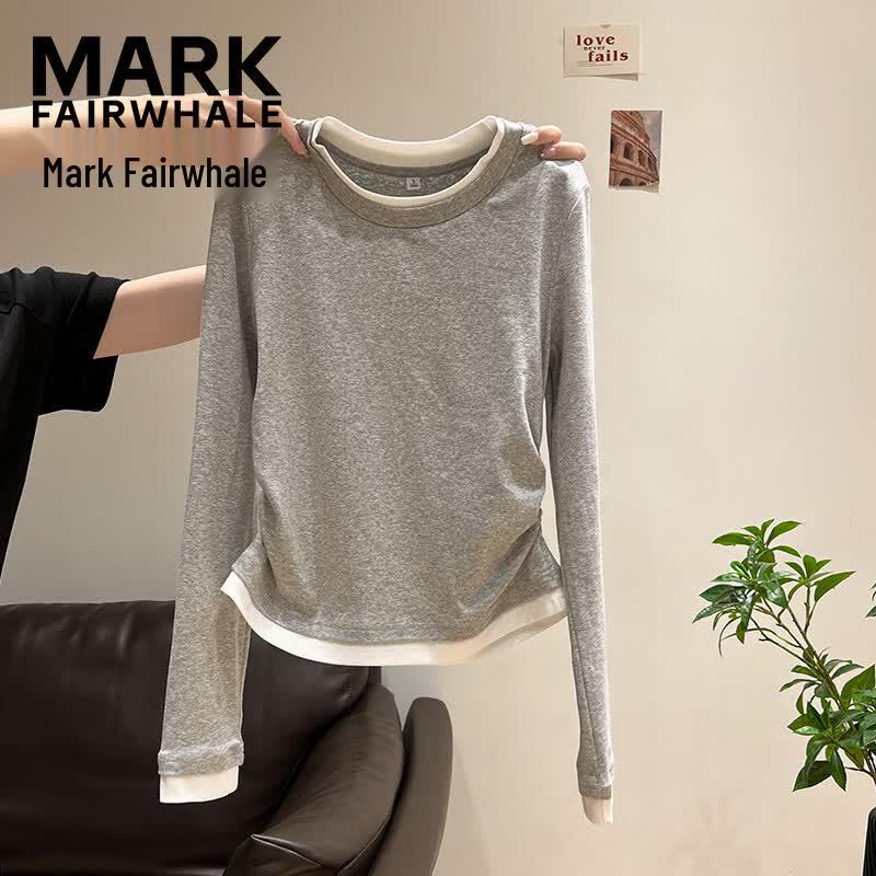 MARK FAIRWHALE Women s Crew Neck Faux Two-Piece Long Sleeve T-Shirt S