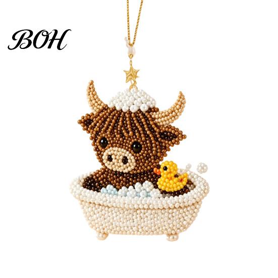Stress Relief Craft DIY Highland Cow Beading Kit, Cute 3D Bead Pendant Handmade Ornaments with Colorful Beads And Instructions, Beadwork Kit