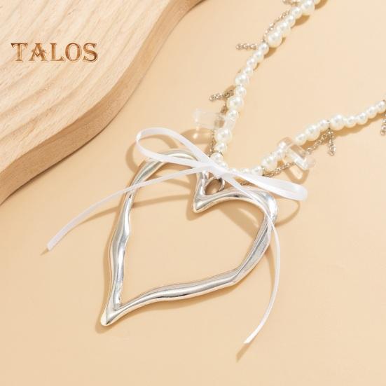 Halskette für Frauen, Kunstperle, großer Herz-Anhänger, hohle Kette, Schleife, Dekor, verstellbare Länge, Edelstahl, Halsschmuck, Schmuck für Party, Strand, Schlüsselbeinkette