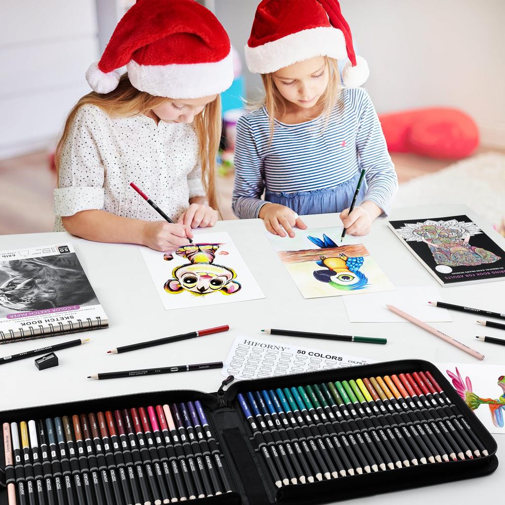 HIFORNY Colored Pencil Set for Adults 50 Colored Pencils with Coloring and Color Chart Gift Boxed and Zippered Case 55-Piece – Soft-Core Sketchbook,