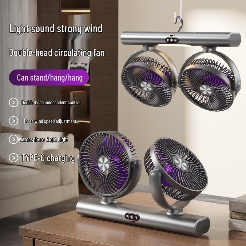 

USB Rechargeable Dual-Head Fan with Light, Timer, and Wall-Mount Option 38x7.5x22.5cm