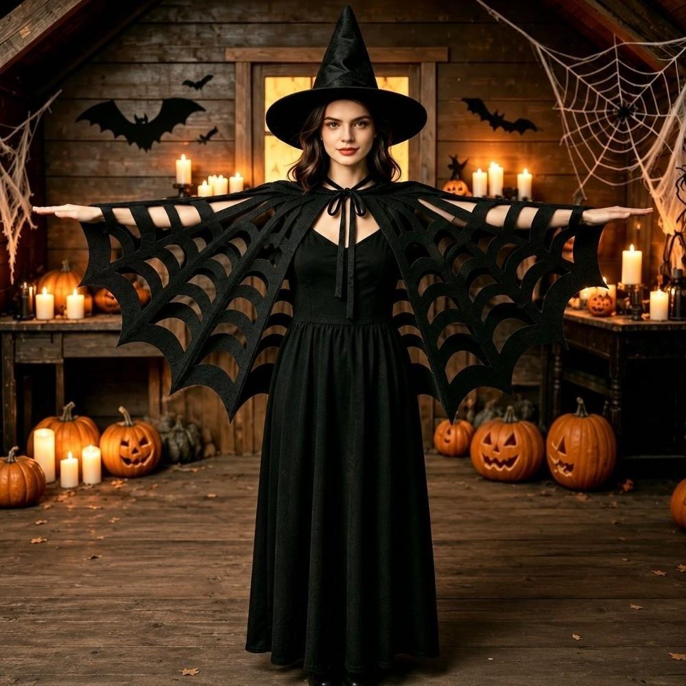 Hollow Out Cosplay Cloak Felt Material Spiderweb Shawl Retro Halloween Cape Adult