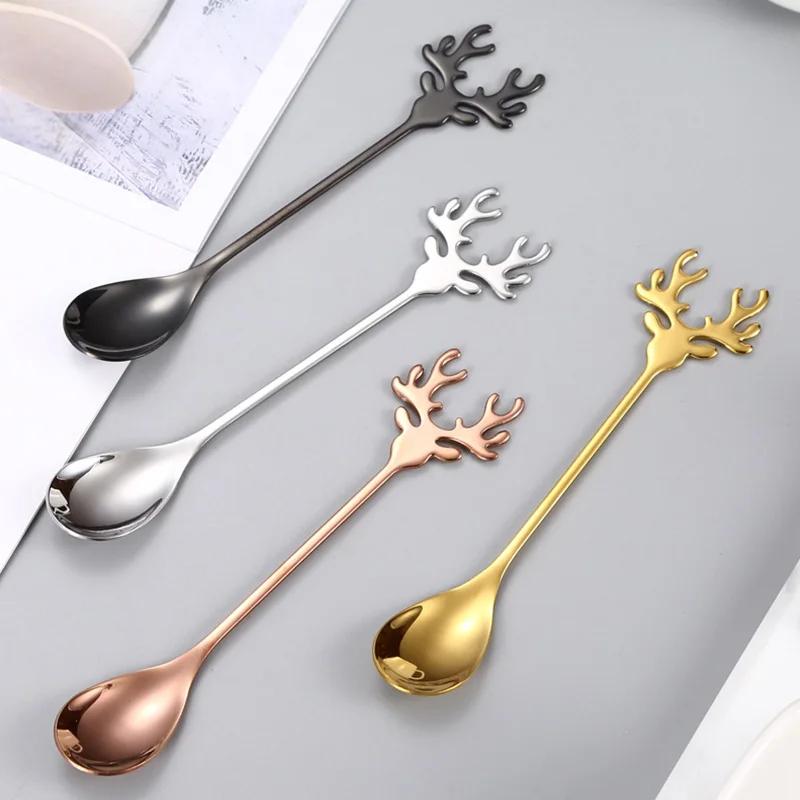 1pc 304 Stainless Steel Cartoon Christmas Elk Spoon Cute Deer Head Mini Ice Cream Spoons Coffee Dessert Stirring Spoon Tableware