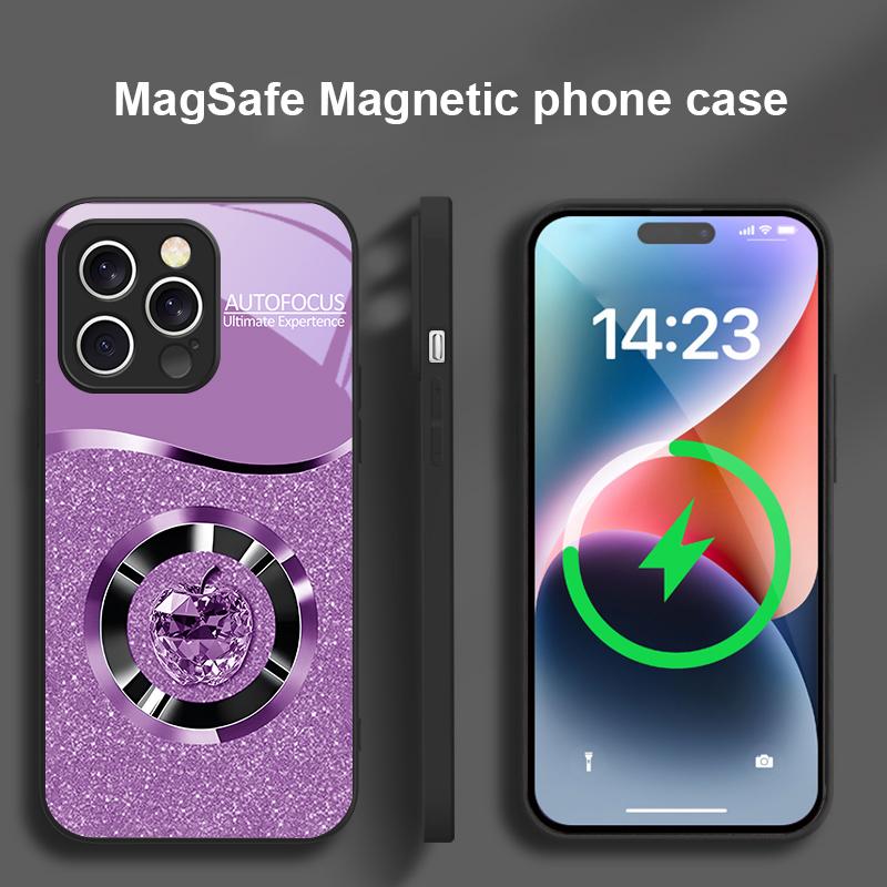 Crystal Purple Apple For iPhone 16 E 15 14 13 Plus 12 mini 11 Pro Max XR Xs Max 16E X 7 8 Plus 2022 Magsafe Glass Phone Case