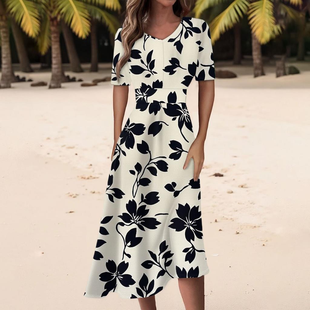 Damen Freizeitmode Kleid mit Blumendruck, V-Ausschnitt, kurzen Ärmeln und taillenlang