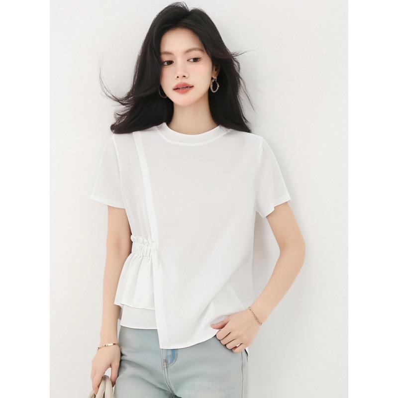 Plus Size Chic Irregular Round Neck White Cotton Short Sleeve T-shirt