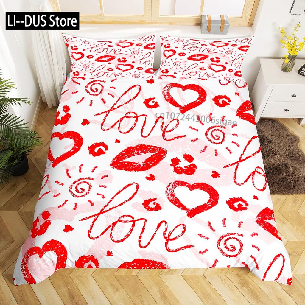 Girls Kiss Duvet Cover Red Lips Bedding Set For Kids Women Home Decor Comforter Cover Twin Full Queen King Size With Pillowcase