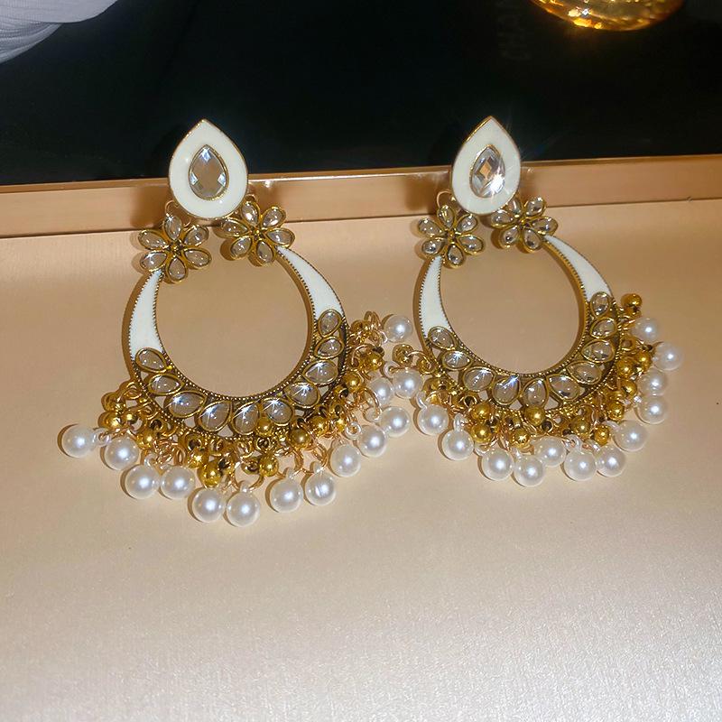 Silver Needle Diamond-Inlaid Acrylic Tassel Earrings: Luxurious Ethnic Style Studs for Women