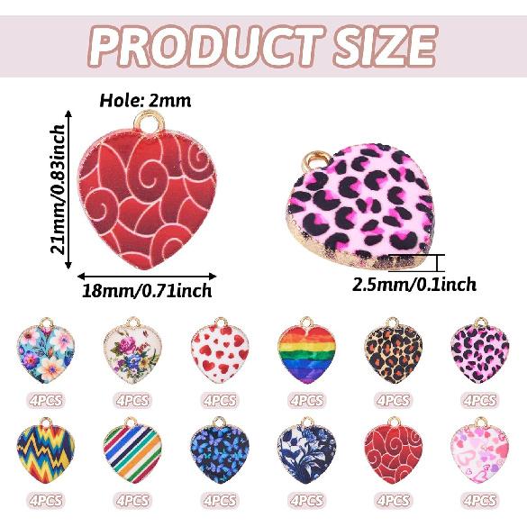 

Craftdady 48Pcs Enamel Heart Charms Flower Rainbow Stripes Leopard Printed Love Heart Metal Charms Colorful Alloy Valentine Heart Pendants for