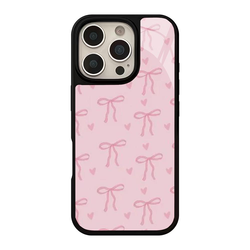 Pink Bow Design Glass Phone Case Suitable for iPhone 17 16 15 14 13 12 11 Pro/Max/Plus Anti Drop and Shockproof Back Cover