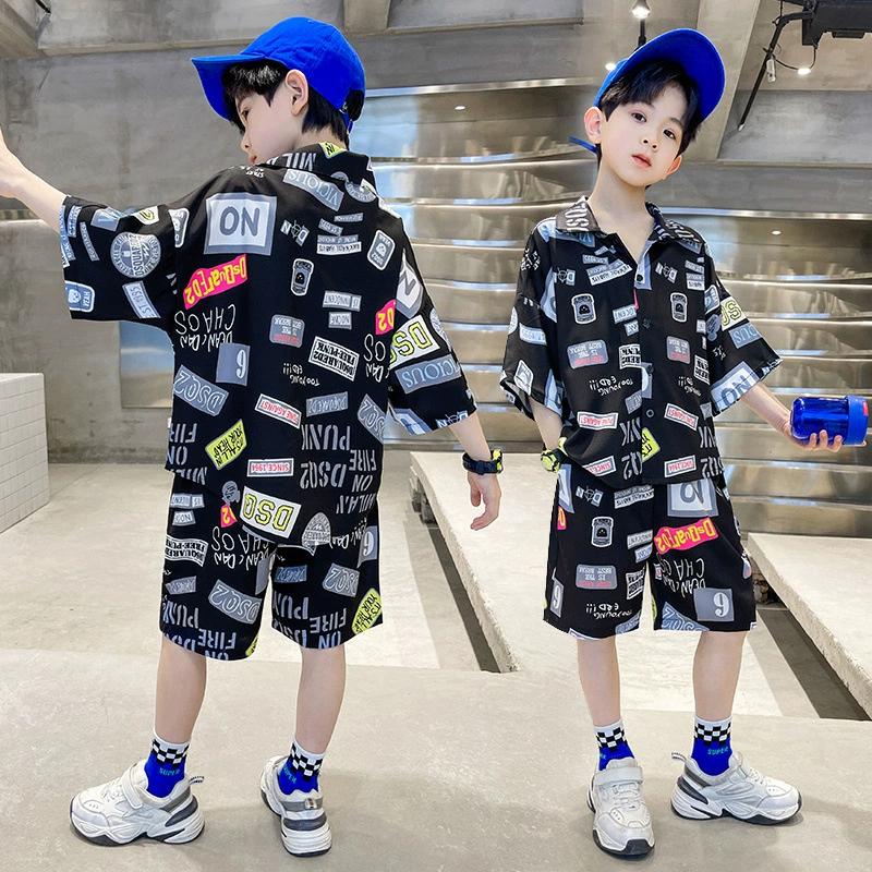 Boys Spring and Summer Thin Lapel Short-sleeved Shirt + Casual Shorts Sports Two-piece Set