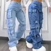 Ren Farge Avslappet Arbeidsklær Denim Høy Midje Flere Lommer Løstsittende Damejeans Allsidig Store Størrelser