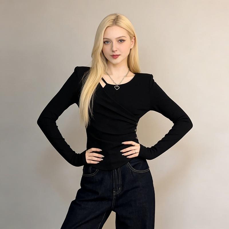 

Spring Design Shirt Women s Decorative Buttons Pleated Foreign Style Long-sleeved Top Temperament Good-looking Bottoming Shirt S чёрный