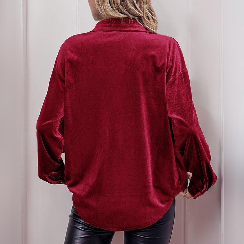 Damen Samt Button-Down Hemden Herbst Schick Lässig Vintage Oberteile V-Ausschnitt Raffinierte Blusen Langarm T-Shirts für Damen