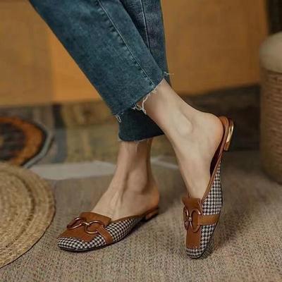 French Square Toe Cover Head Horsebit Half Slippers for Women Low Heels Casual Shoes Zapatos Mujer 2025 Tendencia