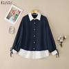 ZANZEA Women Casual Turn Down Collar Long Sleeve Loose Patchwork Blouse