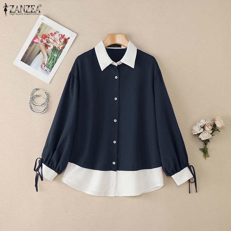 ZANZEA Women Casual Turn Down Collar Long Sleeve Loose Patchwork Blouse