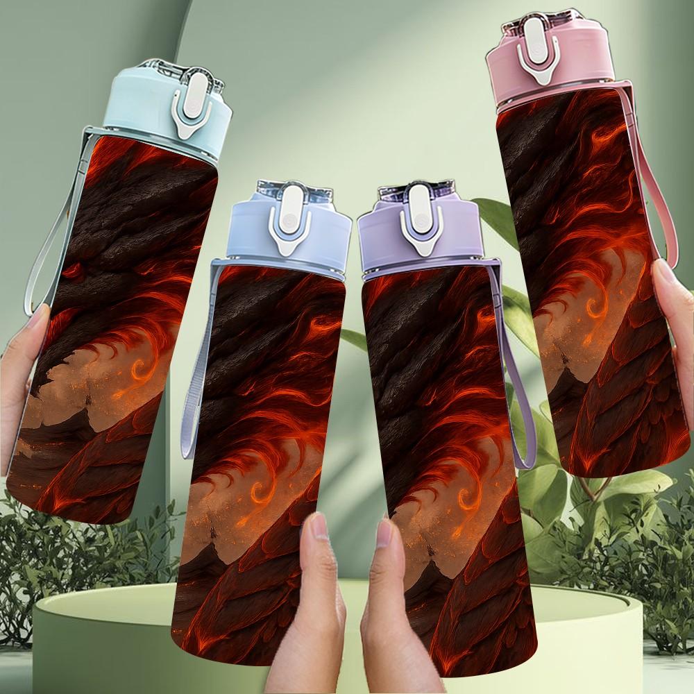 1PC Red Black Fire Dragon Creature Print 750ml Color Plastic Sports Water Bottle Leakproof Flip Straw Lid Suitable for Sports Office Home Use