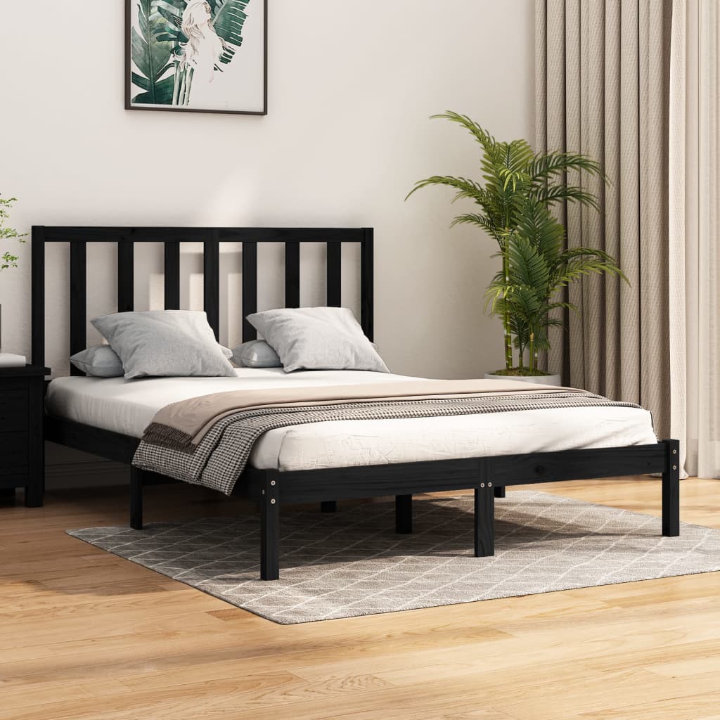 Solid Wood Bed Frame In Black Pine 140 X 190 Cm
