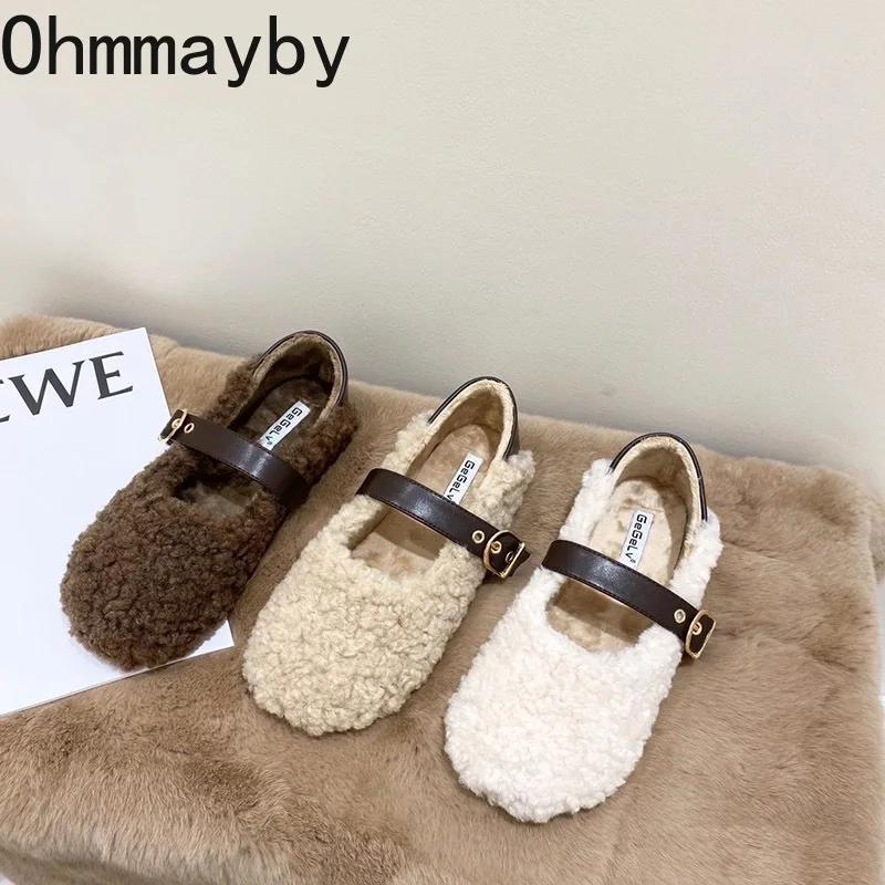 2024 Spring Lambhair Women Ballet Laofer Flat Shoes Shallow Slip On Ladies Fur Mary Jane Shoes Soft Outdoor Granny Shoes