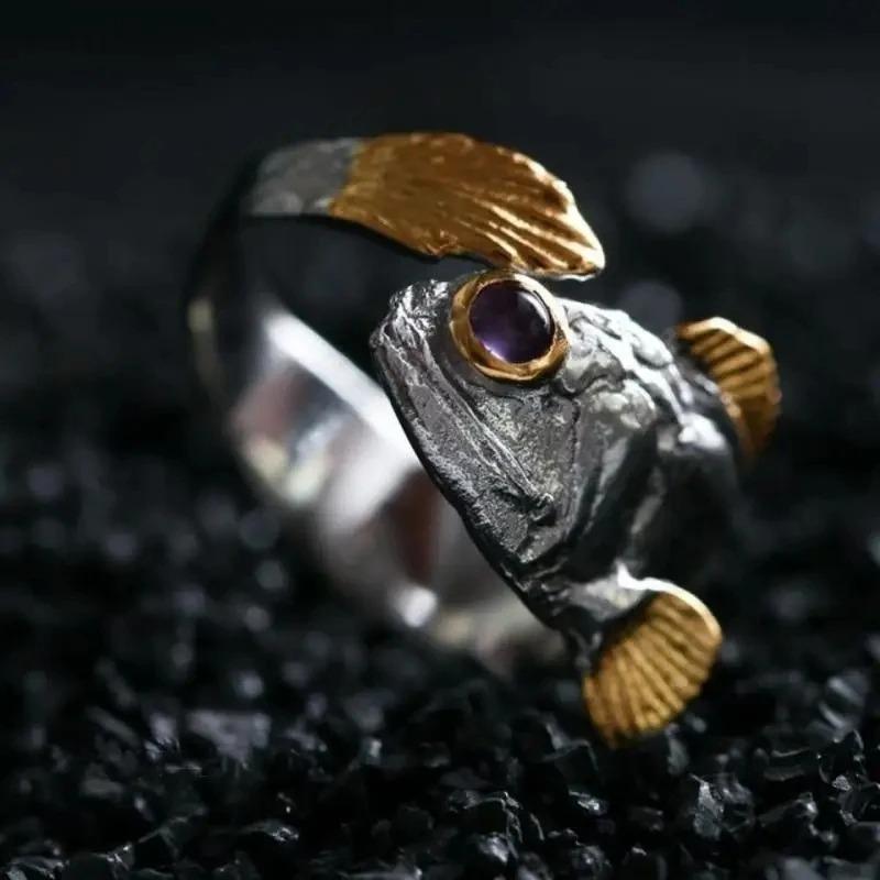 Creative Lucky Purple Eye Koi Fish Animal Opening Adjustable Ring Men's and Women's Wealth Trendy Jewelry
