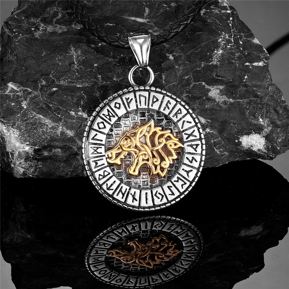 Viking Mythologie Nordique Odin Loup Colliers Hommes Couleur Or Fenrir Rune Pendentif Talisman Acier Inoxydable Masculin Bijoux Scandinaves