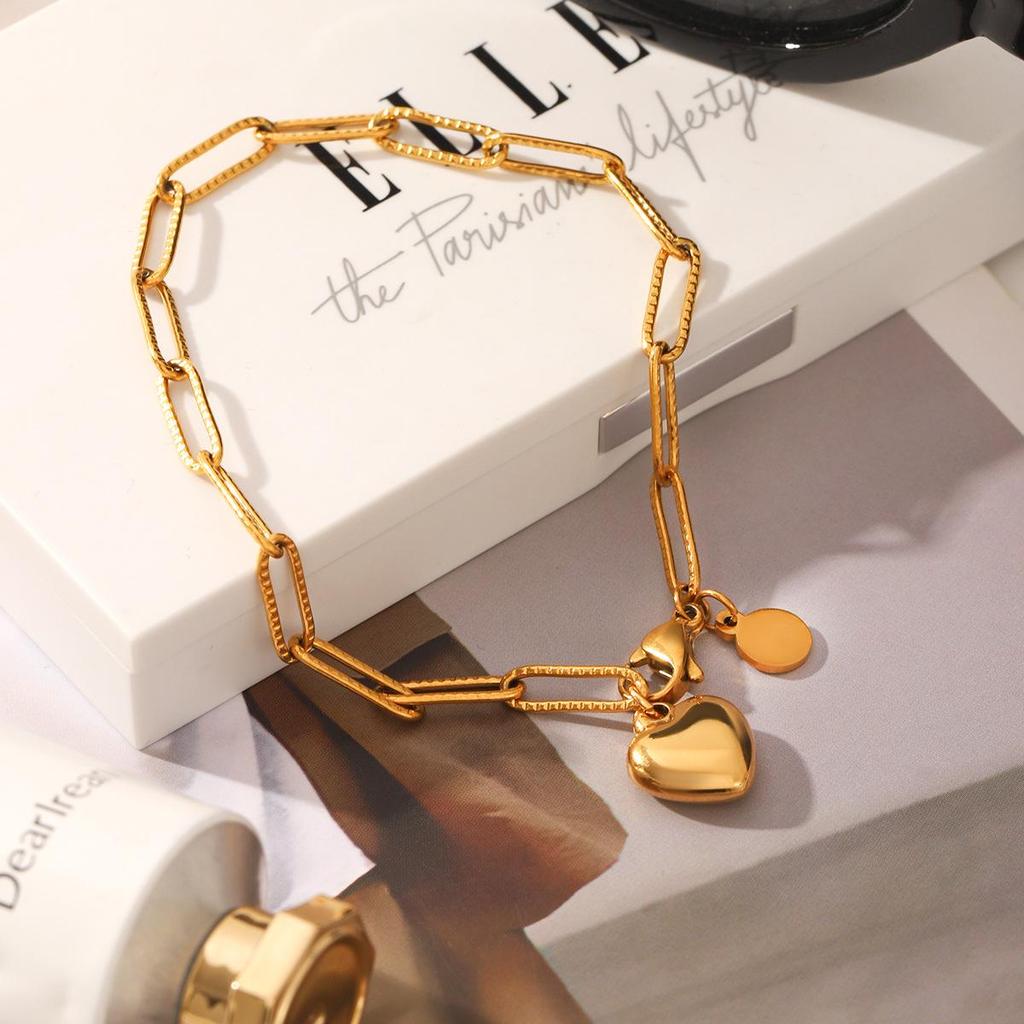 18K Gold-Plated Stainless Steel Heart Pendant Bracelet - Sweet & Lovely Style, Women's Jewelry, Non-Fading
