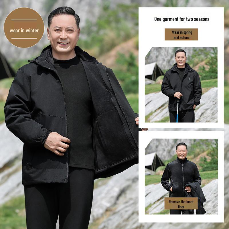 

Men s Middle-Aged Fleece-Lined 3-in-1 Windbreaker for Spring and Autumn 4XL чорний