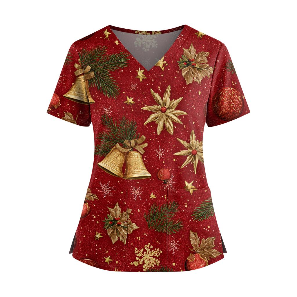 Dámský vánoční potištěný top s výstřihem do V, dvěma kapsami, krátkým rukávem, rozparkem na lemu, uniforma pro pečovatelky