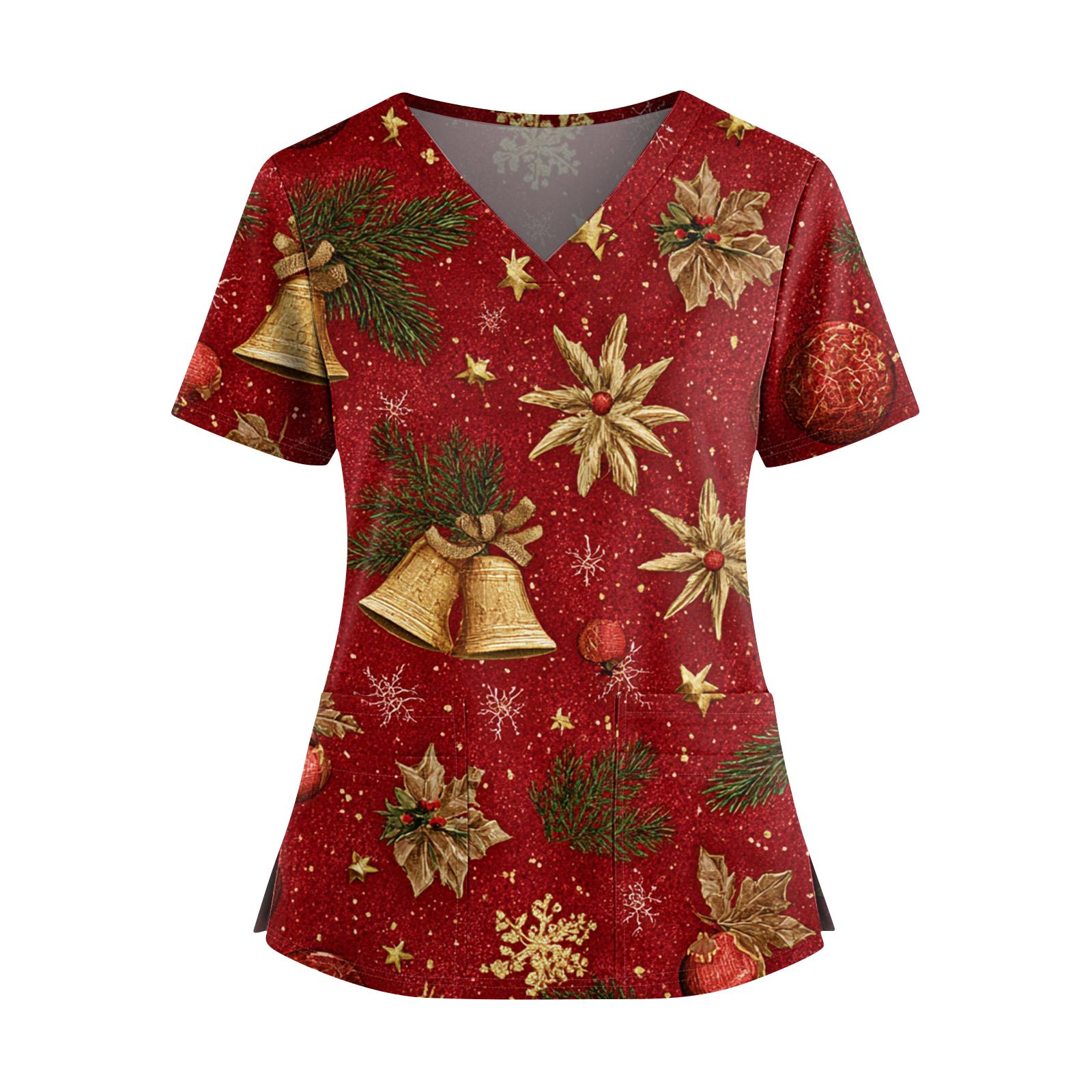 

Женский рождественский топ с принтом, V-образным вырезом, двумя карманами, короткими рукавами, разрезом по подолу, униформа для сиделки M