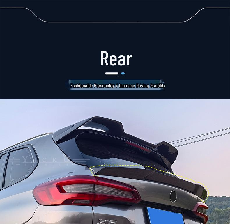 BMW X5M F95 Carbon Fiber Body Kit: Front Lip Splitter, Rear Lip, Side Skirts, Wind Deflectors, Tail Wing with Lights.