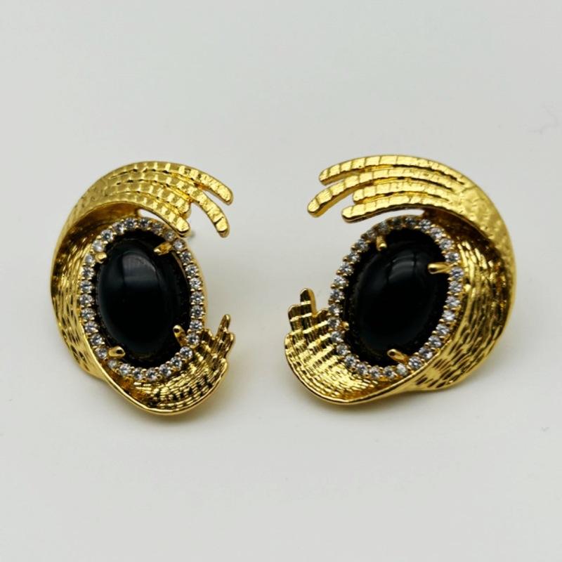 Vintage Antique Brass Plated With Genuine Gold Inlaid Agate Stone Symmetrical Earrings Palace Style чёрный