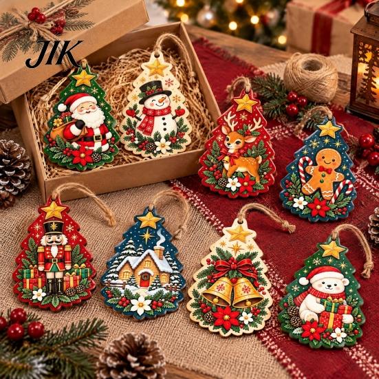 Christmas Window Hanging Decor 8Pcs Wooden Ornaments with Hemp Rope for Holiday Tree Decorations, Decorative Santa Rustic Claus Snowman Gingerbread