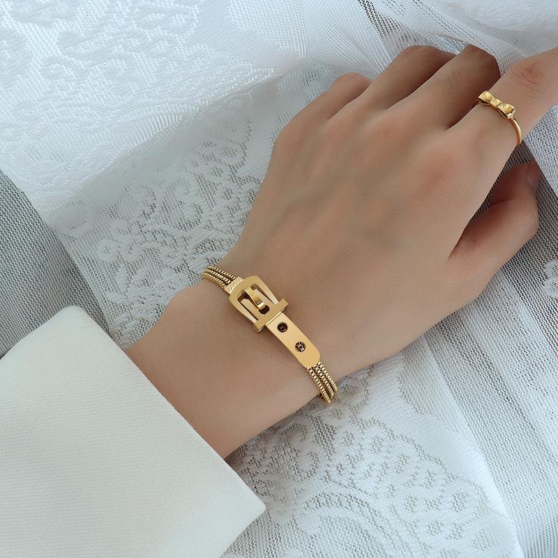 Fashion Ladies Stainless Steel Bracelet Korean Trend Belt Buckle Design Three-Layer Bead Box Chain Bracelet For Women
