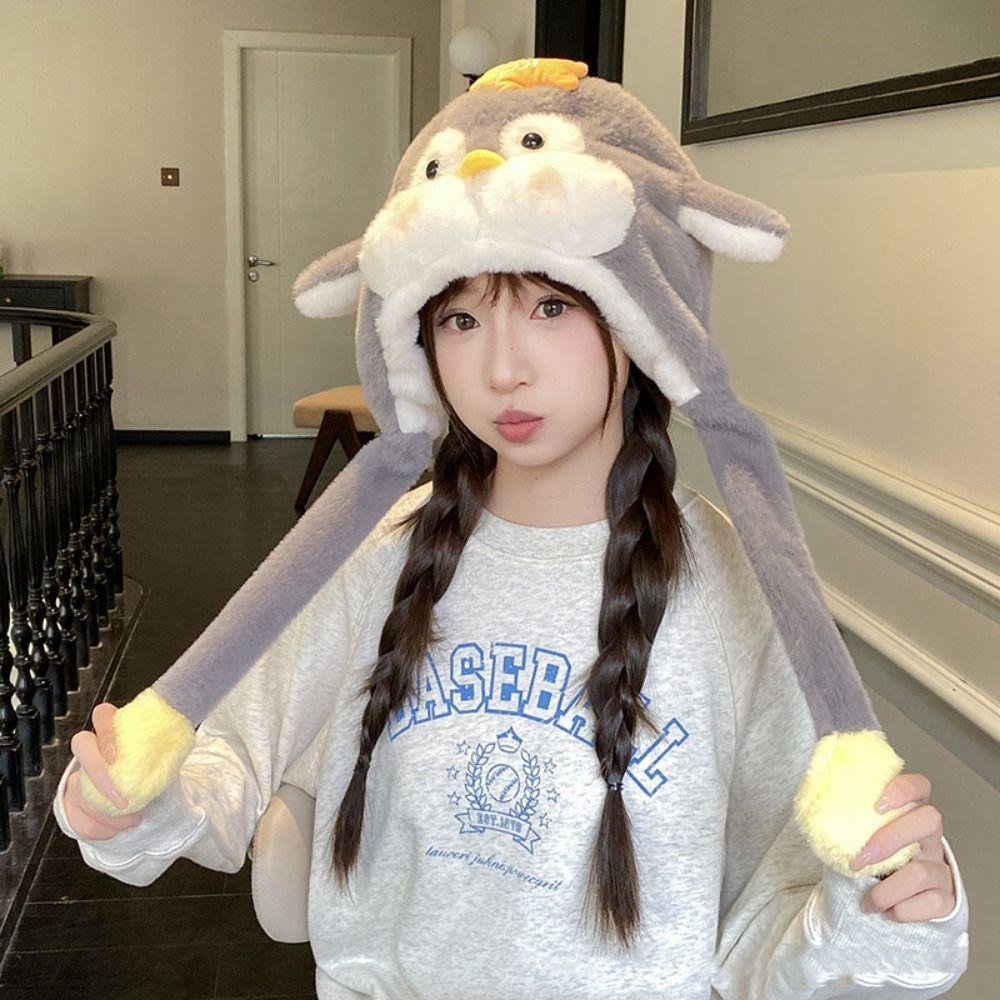 Kawaii Fluffy Pullover Hat Windproof Warm Lei Feng Cap Sweet Penguin Ear Moving Hat Girls