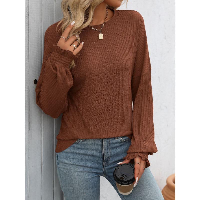 Spring Autumn Round Neck Solid Color Ruffles Tee Women Long Sleeve Loose Casual Pullover Tee Bottomed Top