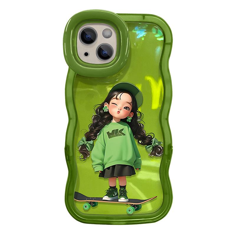 Cute Skateboard Girl Suitable for Iphone16 Apple 15 Mobile Phone Case 14 Wave Side Double Bracket 13 Silicone Cartoon